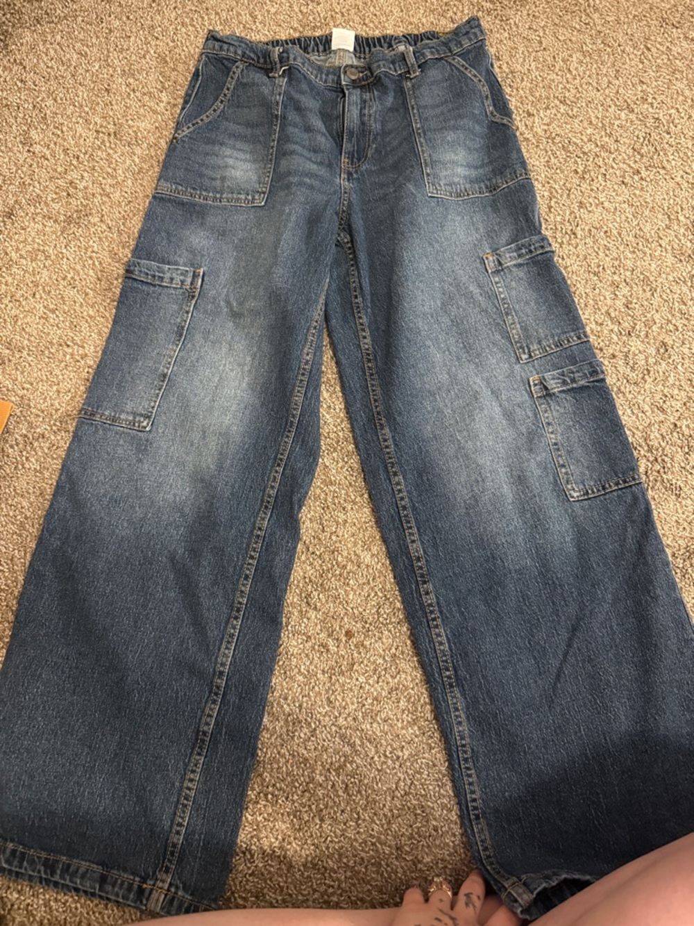 No Boundaries Women's Straight Leg Cargo Jeans - Blue Wash